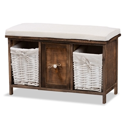 Baxton Studio Dalius Mid-Century Modern Transitional White fabric Upholstered and Walnut Brown Finished Wood 1-Drawer Storage Bench With Baskets